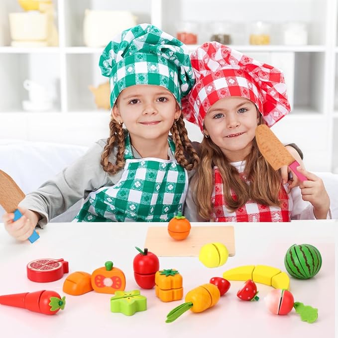 Holicolor 40pcs Wooden Play Food, Play Food Sets for Kids Kitchen Pretend Cutting Play Food for Toddlers 1-3