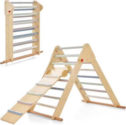 OLAKIDS Pikler Triangle Set 3 in 1 Climbing Toys for Toddlers Foldable Wood Montessori Baby Jungle Gym with Ramp Ladder Slide Kids Indoor Playground Activity Play Structure