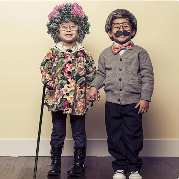 11Pcs 100 Days of School Old Lady Costume for Kids, elderly outfit for Girls, Wig Cane Cosplay Accessories Blue, S