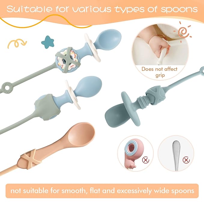 Baby Spoons Self Feeding 6 Month,SMAutoLife Toddler Utensils Holder Strap Food Grade Silicone Keep Fork and Spoon Off The Floor Great for Kids,Hook On High Chair(Apricot)