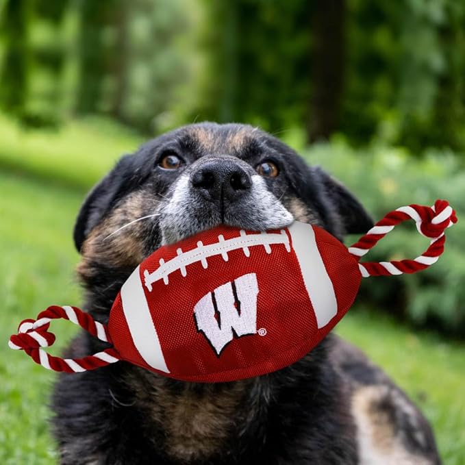 Pets First NCAA Wisconsin Badgers Football Dog Toy, Tough Quality Nylon Materials, Strong Pull Ropes, Inner Squeaker, Collegiate Team Color, 1 Count (Pack of 1)