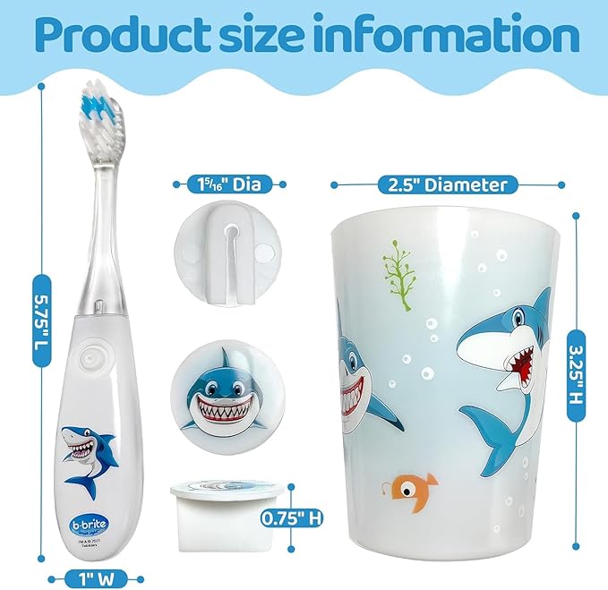 Lily's Home Kids Flashing Timer Toothbrush Kids with Soft Bristles, Rising Cup & Cover - Fun 2-Min Light-Up Brushing for Children - Toddler Toothbrush Soft Toothbrush Kit -(Shark)- Set of 2