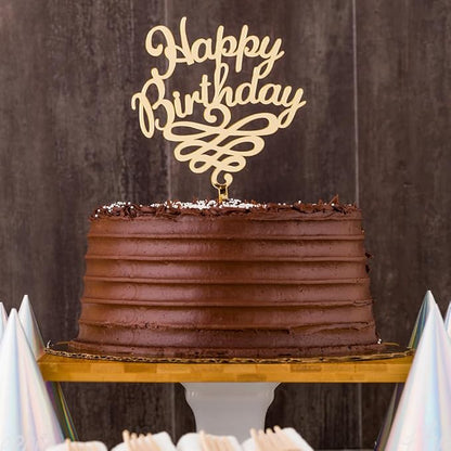 Restaurantware Top Cake Happy Birthday Cake Topper 1 Mirrored Birthday Cake Decoration - With Swirls Durable Gold Acrylic Birthday Topper For Cakes Party Decoration for Birthday