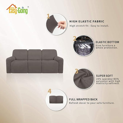 Easy-Going 8 Pieces Microfiber Stretch Sectional Recliner Sofa Slipcover Soft Fitted Fleece 3 Seats Couch Cover Washable Furniture Protector with Elasticity for Kids Pet(Recliner Sofa, Taupe)