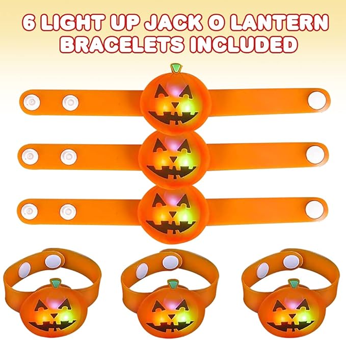 ArtCreativity Light Up Halloween Bracelets, Set of 6, Jack o Lantern Wristbands for Kids with 3 Light-Up Modes, LED Halloween Costume Accessories, Halloween Party Favors and Non-Candy Treats