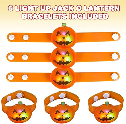 ArtCreativity Light Up Halloween Bracelets, Set of 6, Jack o Lantern Wristbands for Kids with 3 Light-Up Modes, LED Halloween Costume Accessories, Halloween Party Favors and Non-Candy Treats