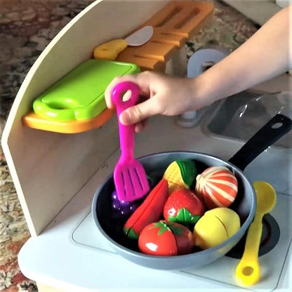 Play Cooking Pan with Cutting Fruits & Vegetables and Play Kitchen Utensils - Slice up Food with Knife & Cutting Board – Cooking Toyset for Toddlers Boys and Girls - Fake Food Pretend Pot Toy Kitchen
