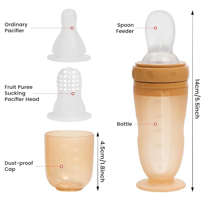 Baby Multifunctional Complementary Food Bottle, Silicone Milk Bottle 3-in-1, Including Dispensing Spoon, Regular Nipple and Fruit Puree Feeding Nipple, Auxiliary Weaning Bottle