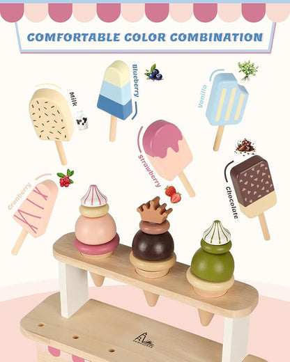 Ice Cream Toys for Toddlers 3-5, Wooden Ice Cream Stand for Kids, Popsicle Toys Ice Cream Set, Kids Ice Cream Shop Playset, Ice Cream Truck Toy Gift for Girl Boy 3 4 5 Years, Wooden Play Food Set
