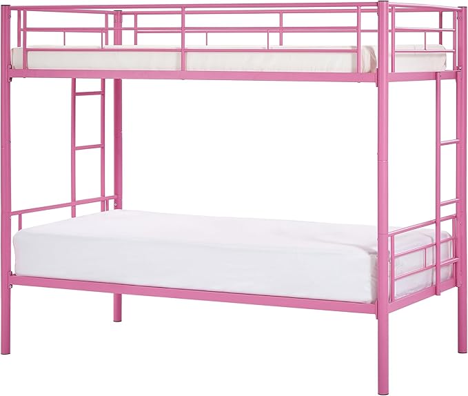 VECELO Twin Over Twin Bunk Bed with Built-in Ladder and Safety Guardrail, Heavy Duty Metal Bunkbeds, Space Saving, No Box Spring, Pink