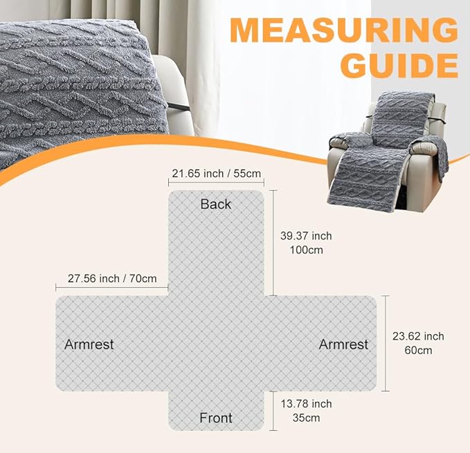 vctops Geometric Jacquard Plush Recliner Chair Cover Soft Fuzzy Fluffy Reclining Chair/Furniture Protector with Elastic Straps for Kids, Pets(Grey,21.7")