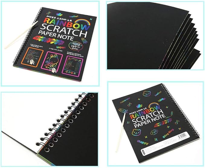 Scratch Art Notebooks 3 Pack 10.2 x 7.5 inches Rainbow Magic Scratch Off Paper Set Drawing Arts Crafts Black Scratch Books for Kids' Birthday Gifts Party Favors Christmas Presents (PRB330)