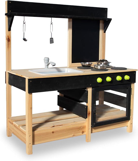 Mud Kitchen Playset for, Outdoor Wooden Toy Play Kitchen Set for Boys and Girls, Kitchen Accessories and Garden Sink with Faucet, Blackboard, Cookware Pot (Black)