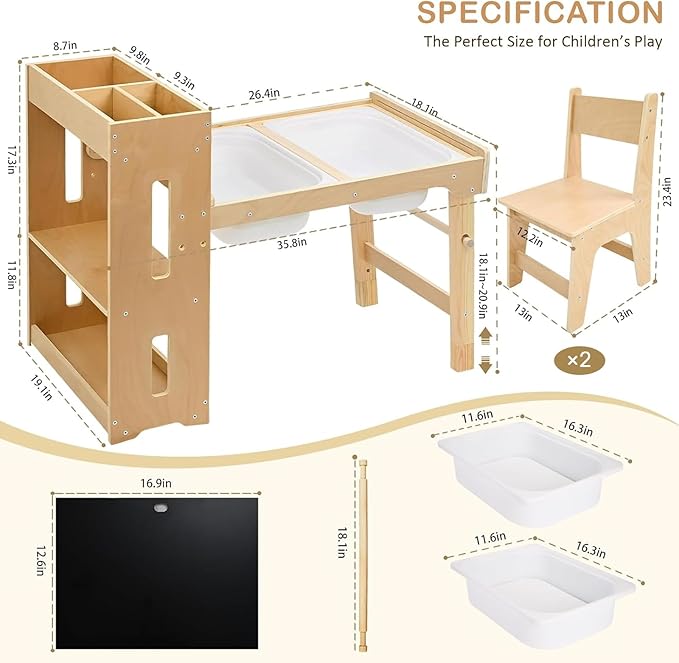 WINGYZ Sensory Table and Chairs, Toddler Activity Table and 2 Chair Set with Storage Cabinet & Bins, 6 in 1 Kids Desk Art Table with Paper Roll for Playrooms Daycare, Sensory Tables for Toddler Gifts