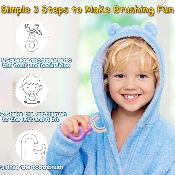 YOTEE U-Shaped Toothbrush Kids 2 PCS - Toddler Toothbrush with Food Grade Soft Silicone Brush Head, Manual Whole Mouth Toothbrush for Kids Age 2-6(Purple+Yellow), 360° Oral Teeth Cleaning