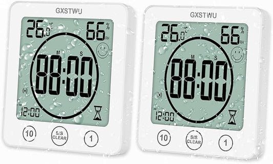 2Pcs Digital Shower Clock, Bathroom Timer Clock, Waterproof for Water Spray, Count Up Count Down Alarm, Touch Screen Timer, Temperature Humidity, Wall Clock Magnet, Suction Cup, Stand (2packs)