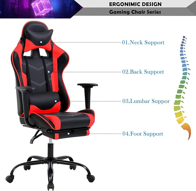 Gaming Chair Racing Style Office Computer Game Chair Ergonomic Desk Chair with Headrest Lumbar Support, High Back Gamer Office Chair Recliner Video Game Chairs for Kids or Adults,Red