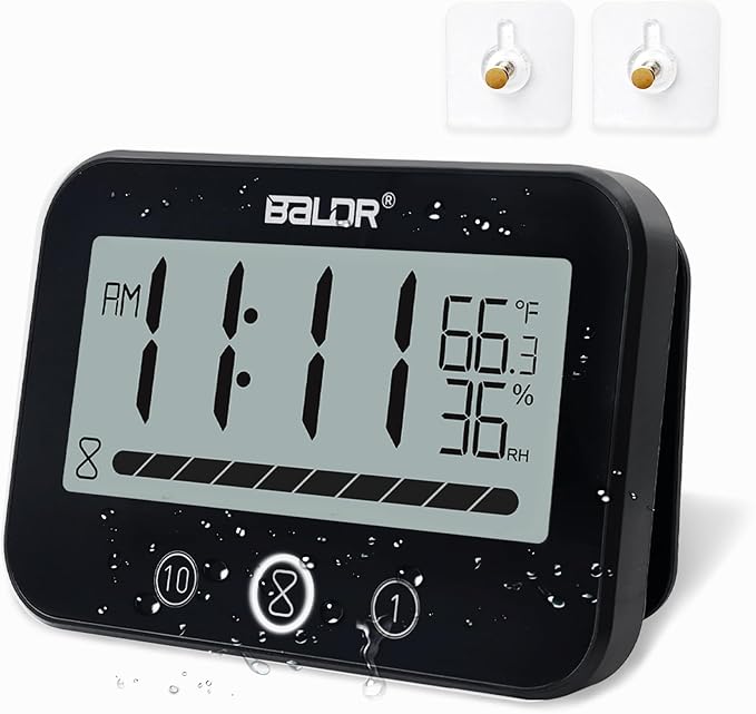 Waterproof Hanging Timer for Bathroom, Digital Kids Shower Clock with Temperature & Humidity, 99 Minutes Countdown Timer with Alarm, Water Resistant Large LCD Visual Timer, 2 Hooks Included (Black)