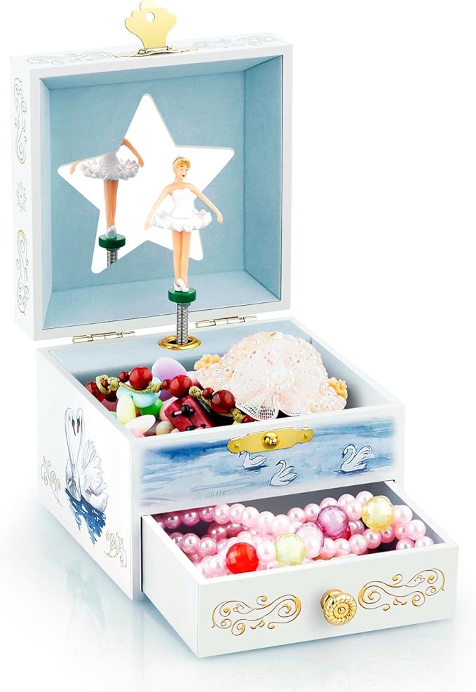 RR ROUND RICH DESIGN Kids Musical Jewelry Box with Drawer and Pretty Jewelry Set with Elegant Ballet Girl Theme - Swan Lake Tune White