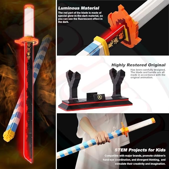 Jorumo Demon Slayer Sword Building Set, 27in Rengoku Kyoujurou Sword Building Block with Scabbard and Stand, Cosplay Anime Sword Toy Building Set for Collecting 790 Pieces, Luminous
