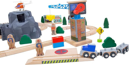 ORBRIUM Lift and Load Wooden Train Set with Magnetic Crane, Magnetic Helicopter, Large Diesel Engine, Semi-Truck, Shipping Container Flat Car Compatible with Thomas, Brio, Chuggington, Melissa & Doug