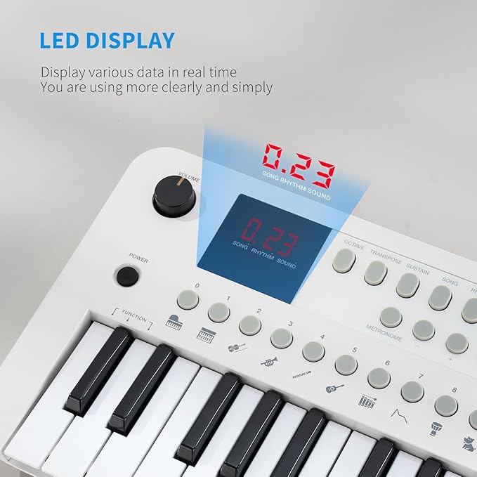 POGOLAB MK1 37 Keys Kids Keyboard Piano, Mini Portable Multi-Function Piano with Excellent Sound Quality, Built-In Speaker & LED Display, Small Electric Music Keyboard Gift for Beginners (White)