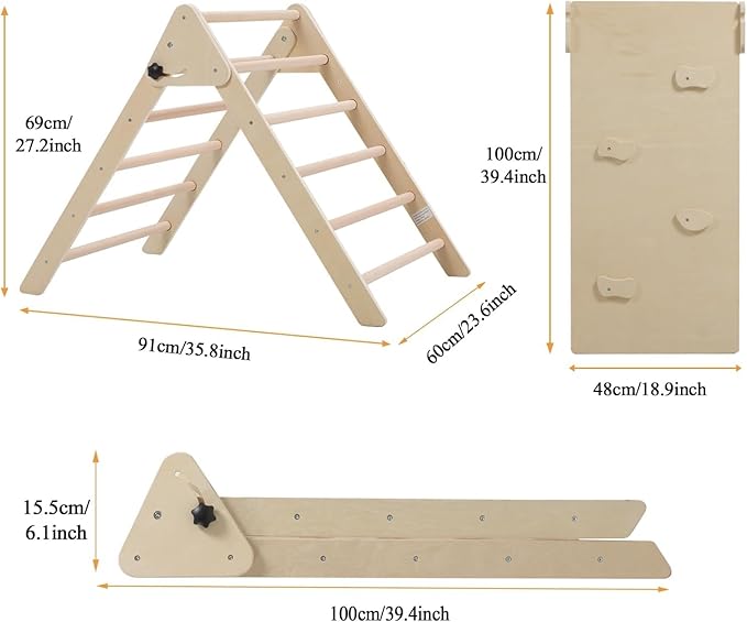 Giant bean Foldable Wooden Climbing Triangle with Sliding Ramp, 3 in 1 Pikler Triangle Climbing Toys for Toddlers, Kids Indoor Climbers & Gym Play Structures for Boys Girls