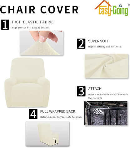 Easy-Going 4 Pieces Microfiber Stretch Recliner Slipcover – Spandex Soft Fitted Sofa Couch Cover, Washable Furniture Protector with Elastic Bottom for Kids, Pet (Recliner, Ivory)