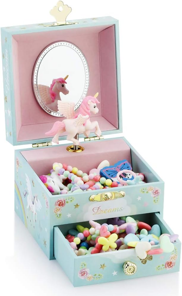 RR ROUND RICH DESIGN Kids Musical Jewelry Box for Girls with Drawer and Jewelry Set with Magical Unicorn - Blue Danube Tune Blue