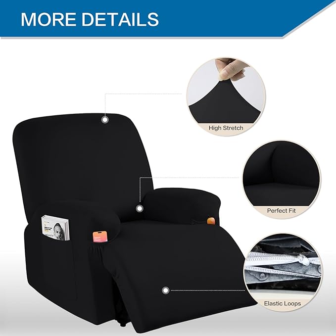 Soft Spandex Recliner Chair Covers, 4 Pieces Lazy Boy Recliner Cover for Recliner Chair, Stretch Cover for Recliner slipcovers Good Choice for All Seasons. (XL,Black)