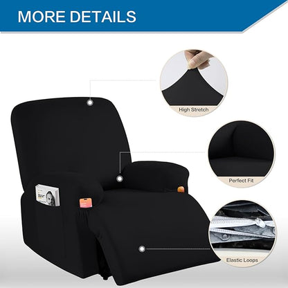 Soft Spandex Recliner Chair Covers, 4 Pieces Lazy Boy Recliner Cover for Recliner Chair, Stretch Cover for Recliner slipcovers Good Choice for All Seasons. (XL,Black)