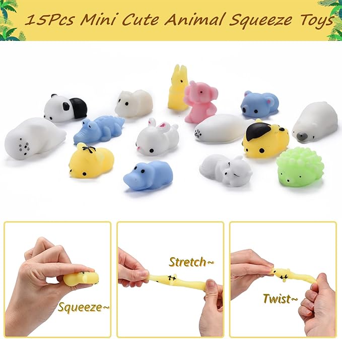 65Pcs Safari Jungle Animal Themed Birthday Party Favors for Kids, Baby Shower/Wild-One/Zoo Woodland Party Gift Goodie Bag Stuffers, Include Animal Masks/Slap Bracelets/Tattoos/Animal Squishies Toys