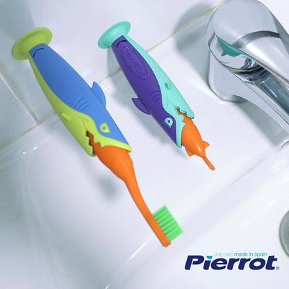 Pierrot Sharky Kids Toothbrush – Soft Bristles for Toddlers and Kids, Shark Handle with Suction Base and Cap, Easy-Grip Child-Friendly Toothbrush for Ages 2-8, Gentle Brushing, Pack of 2