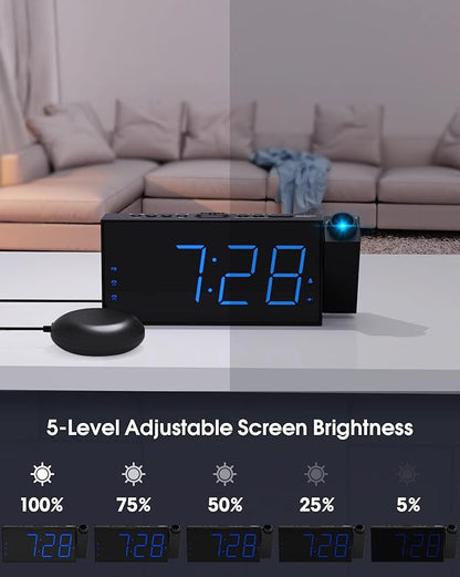 Projection Alarm Clock for Bedrooms,7'' Digital Clock with 180° Projector, 5-Level Brightness Dimmer, USB Charger,Snooze,12/24H& Battery Backup,Suitable for Deaf and Hard of Hearing,Kids,and Elders
