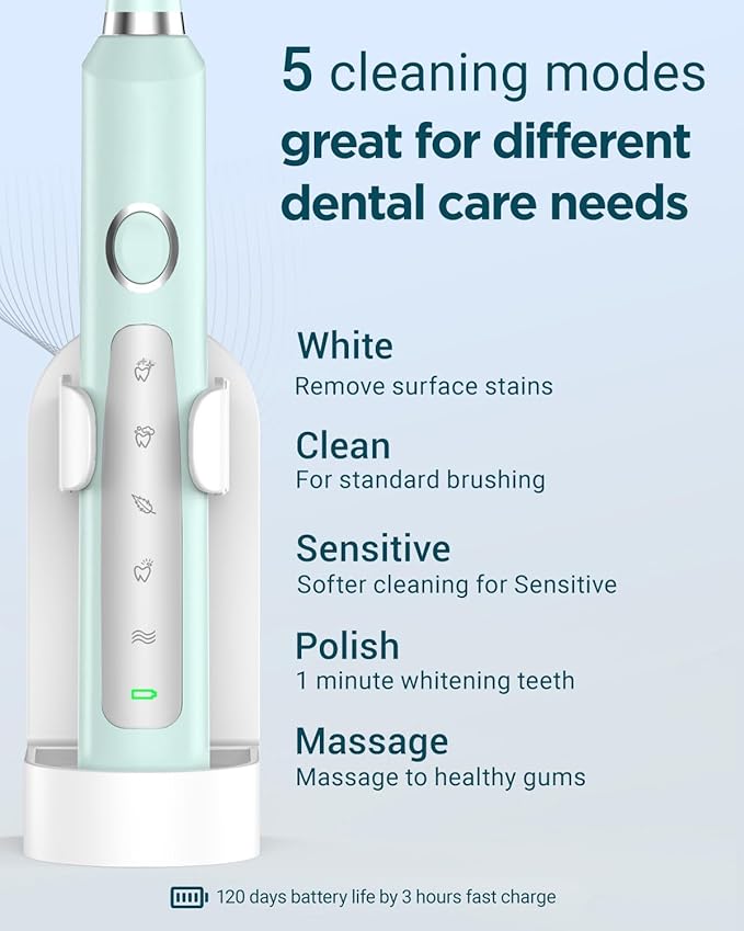 Rtauys M5 Sonic Electric Toothbrush for Adults and Kids - Rechargeable Electric Toothbrush Kids Ages 12+ and Adults with 8 Brush Heads & Travel Case, 120 Days Battery Life - Light Green