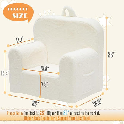 Snuggly-Soft Cuddly Toddler Plush Armchair for Boys and Girls Fuzzy Plush Kids Sofa Couch Reading Chair with Children Friendly Handle for Easy Movement & Double Pockets for Good Storage, Cream