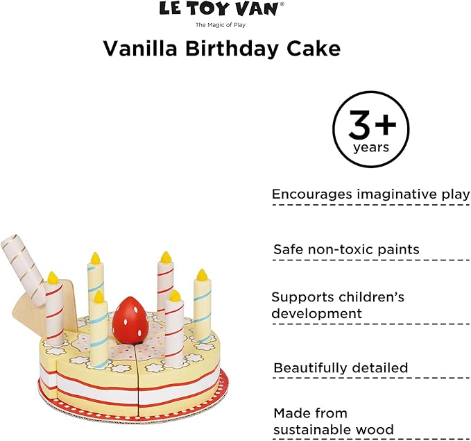 Le Toy Van - Honeybake Childrens Wooden Vanilla Birthday Cake Play Food Pretend Toy | Perfect For Pretend Role Play | Birthday Cake Play Kitchen Role Play Toy (TV273)