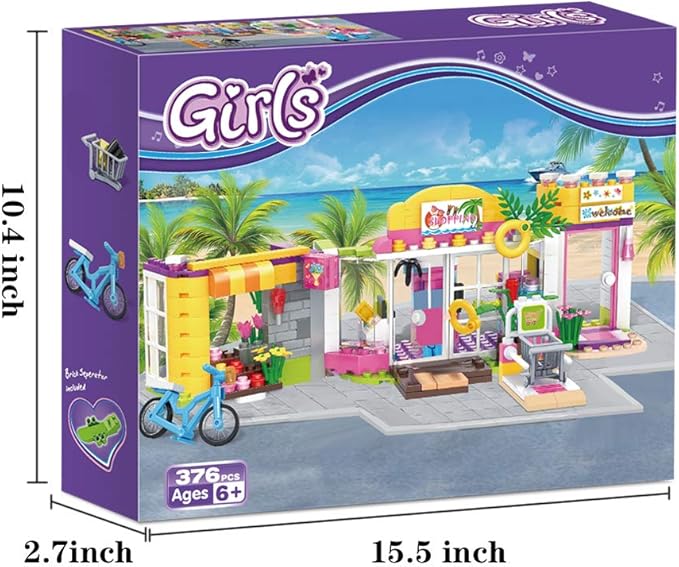 BRICK STORY Girls Friends Supermarket Building Set 376 PCS, Seaside Grocery Store Flower Shop Building Kit, Beach Shopping Mall Toy Educational Building Blocks Gift for Kids Ages 6-12