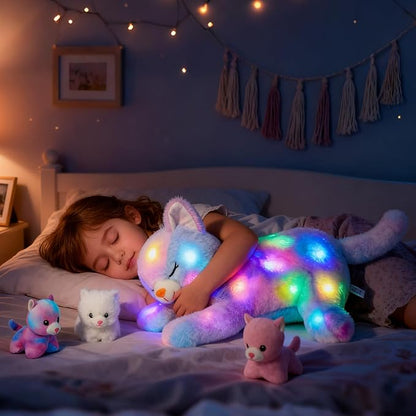 Hopearl LED Musical Stuffed Cat Lighting Up Singing Plush Toy Playset Mommy Cat with 3 Baby Kittens in her Tummy Lullaby Animated Soothe for Mom Kids Toddler Girls, Rainbow, 18''