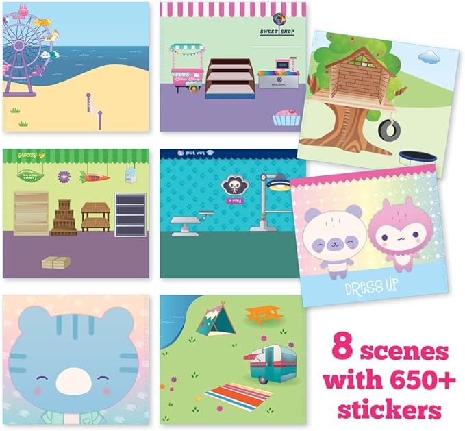 Craft-tastic Sticker It Up! – Reusable Sticker Book for Kids – 650+ Repositionable Stickers Create Designs on 8 Scene Pages for Hours of Mess-Free, Screen-Free Fun