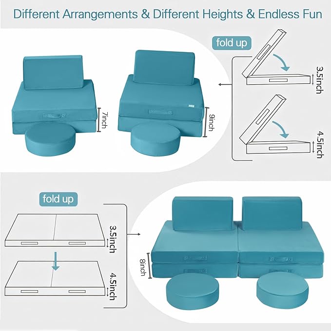 MeMoreCool Modular Kids Play Couch Sofa, 8-Piece Convertible Turquoise Toddler Sofa Play Set for Playroom and Baby