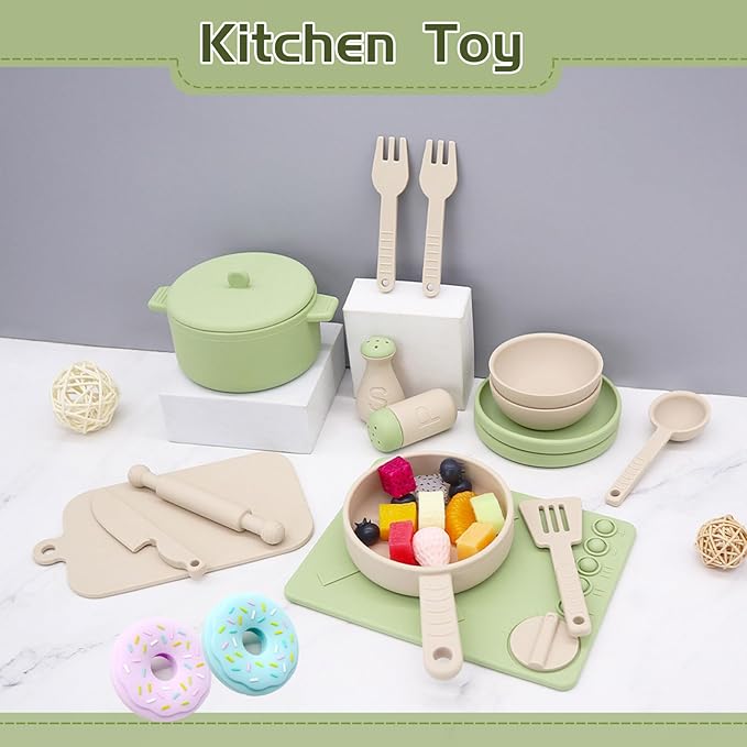 Play Kitchen Accessories, Silicone Pretend Play Kitchen Toys Set, Play Kitchen Pots and Pans Set for Kids, Learning Education Cooking Toys for Girls and Boys(Green)