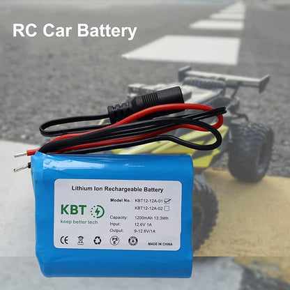 KBT 12V 1200mAh Rechargeable Li-ion Battery, Bare Leads Wire Replacement Battery Pack with Charger Compatible for 12V Devices RC Car, Boat, Robot, DIY, LED Light Kit
