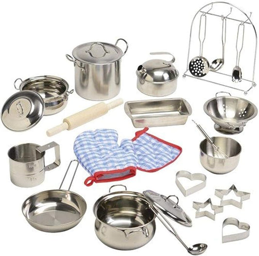 Constructive Playthings Kid-Sized Stainless Steel Cookware for Pretend Play, Ages 4-8