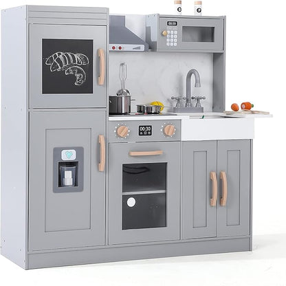 Wooden Play Kitchen with Cookware Accessories, Wooden Chef Pretend Play Set with, Wooden Cookware Pretend with Microwave, Oven, Sink, Real Lights & Sounds, Grey (201GA)