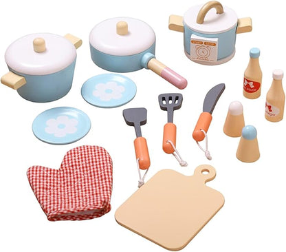 Play Kitchen Accessories, Wooden Play Set Cooking Toys, 17 Pieces Play Cookware Pots and Pans Set, Cooking Simulation Montessori Educational Toys, Christmas Birthday Gifts for Kids Girls Boys 3-7