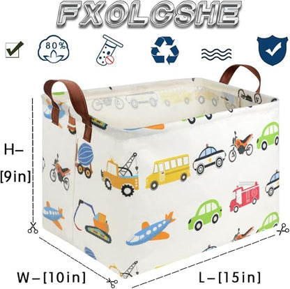 FXOLCSHE Rectangular Car basket,Car toy storage box,Collapsible Car Storage basket for boys,Waterproof PE Coating Storage,bedroom decor,Nursery hamper,Toy Organizer,Gift Basket(Vehicles)