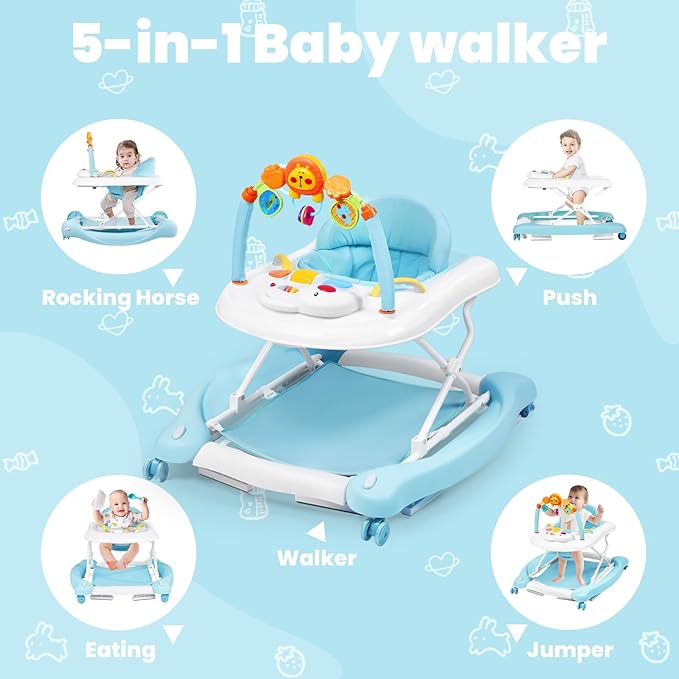 Boyro Baby Baby Walker, 5-in-1 Baby Walkers for Boys and Girls 6-12 Months with Bouncer, Removable Footrest, Feeding Tray & Music, Foldable & Adjustable Activity Walker for 6-18 Months Toddler Infant