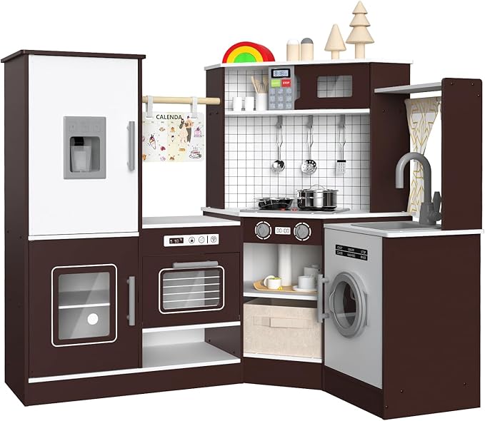 Babytronic Corner Wooden Play Kitchen Set for Kids w/Lights & Sounds, Pretend Play Kitchen Playset with Stove, Microwave, Ice Maker & Accessories, Perfect for Toddlers & Multiple Children (Coffee)