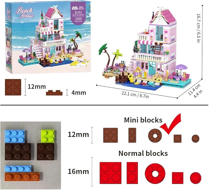 MindBox Girls Seaside Villa Building Blocks,812pcs Beach House Building Toys for Kids Age 8+，Mini Brick